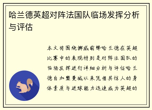 哈兰德英超对阵法国队临场发挥分析与评估