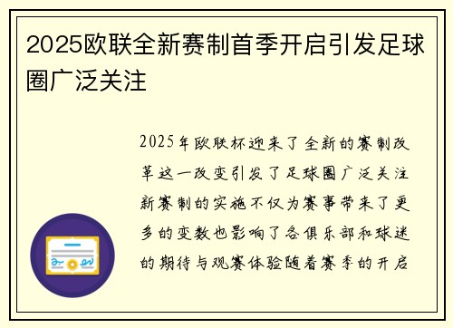 2025欧联全新赛制首季开启引发足球圈广泛关注 2025欧联全新赛制首季开启引发足球圈广泛关注
